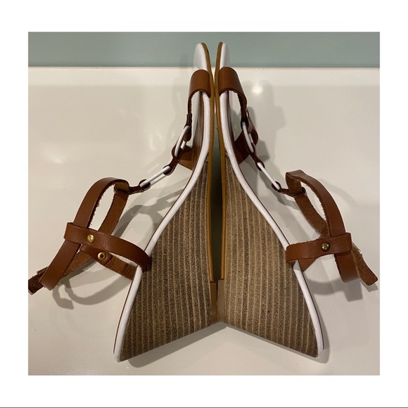 MISANO TAN WEDGE ITALIAN LEATHER T BAR SANDALS - Picture 5 of 9